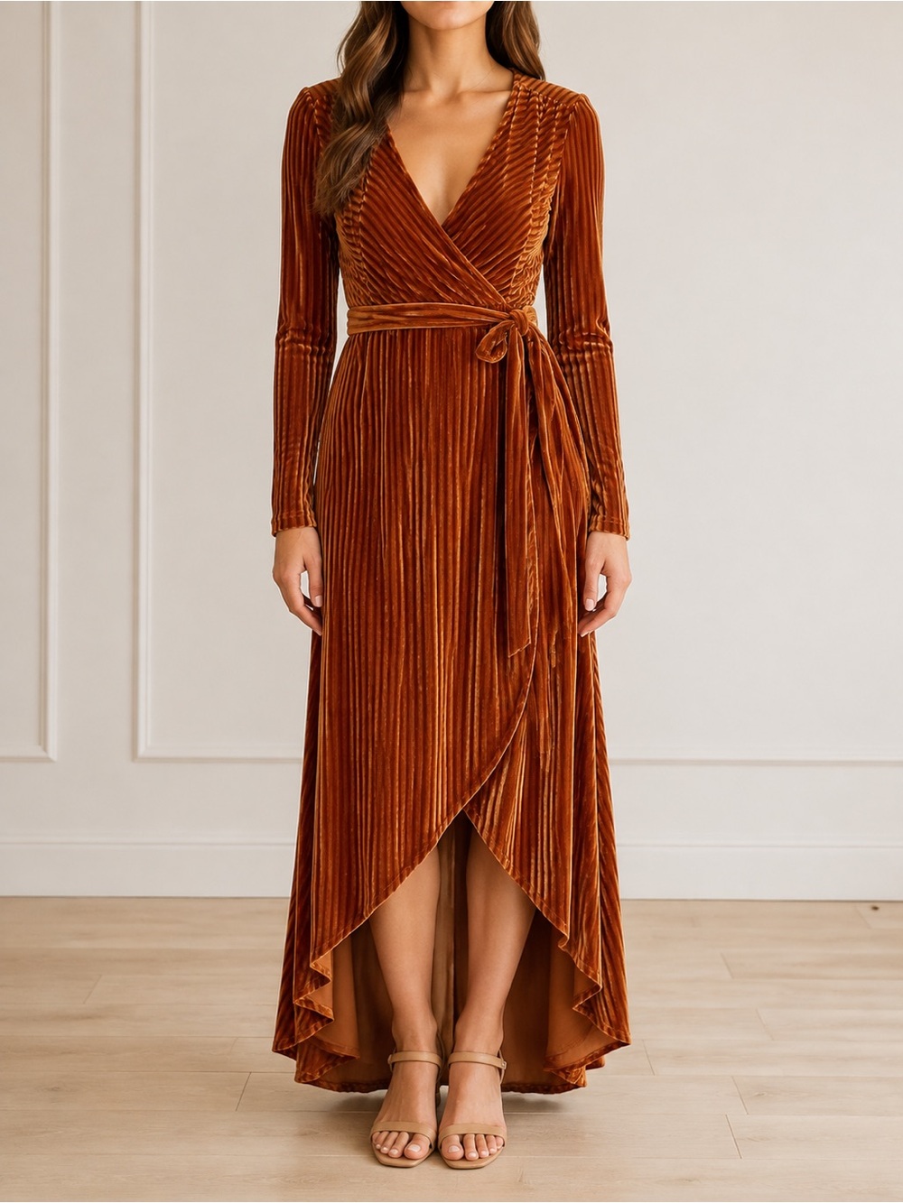 Baltic Born Jada Dress Sz M Copper Ribbed Velvet Wrap Tulip Hem Maxi Long Sleeve